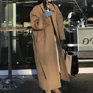 卡其色毛呢外套女加长款加棉秋冬新韩版宽松廓形到脚踝高个子大衣