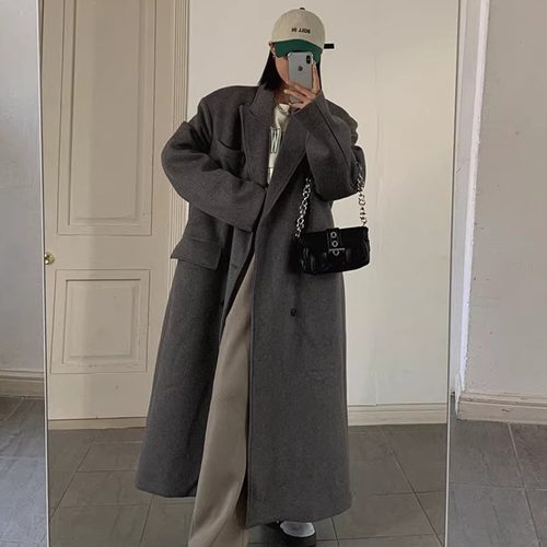 灰色韩版加长款毛呢外套女