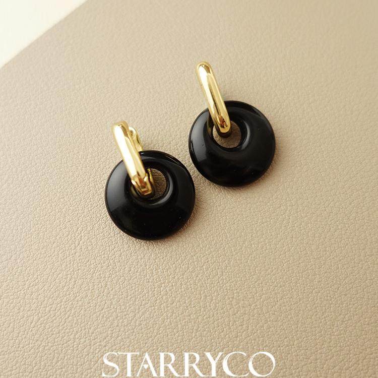 STARRYCO 天然黑曜石守护防御天然水晶平安扣开运耳环