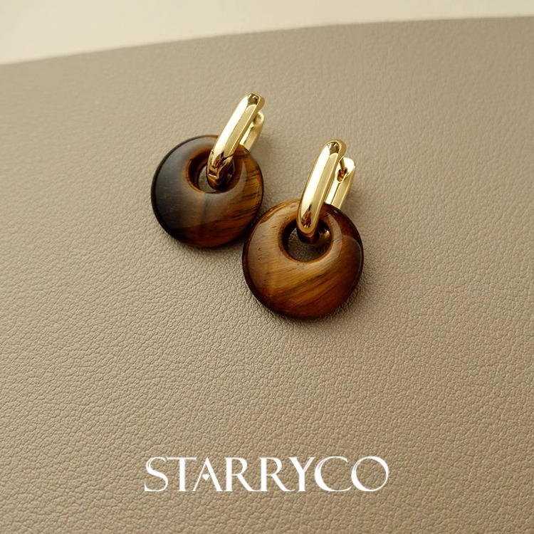 STARRYCO 焦糖奶咖大地色系天然虎眼石守护水晶平安扣耳环