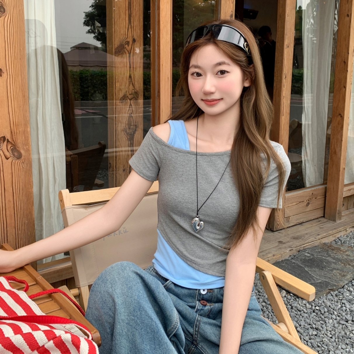 时尚露肩假两件短袖t恤女夏季2025新款爆款修身显瘦短款别致上衣