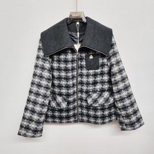 大翻领格子貂绒女款 时尚 百搭大衣 毛呢短外套2025新款 艾25B31冬装