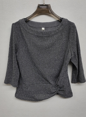 YF2511灰色亮片针织衫女上衣洋气显瘦弹力短款七分袖单穿内搭小衫