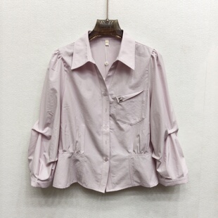 小衫 MR7013时尚 纯色显瘦轻熟风特色褶袖 开衫 女士翻领亲肤透气衬衫