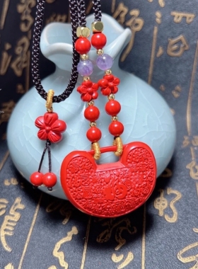 天然辰砂百福锁/双挂耳款/正品真朱砂百福锁吊坠 毛衣链 上新