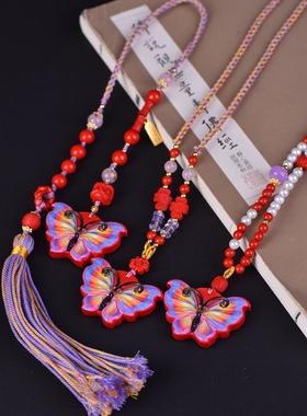 天然正品保真朱砂高含量红砂彩绘 蝴蝶 项链  包挂 车挂 万能挂