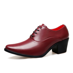 高跟男士商务德比鞋尖头厚底增高皮鞋系带演出鞋红色影楼摄影夜场