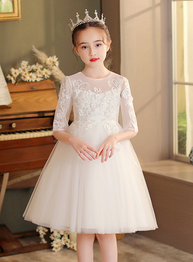 2023夏装新款连衣裙女中大童蓬蓬纱中袖短裙白色裙子钢琴演出礼服