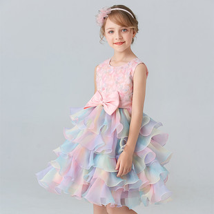 2023夏季新款女孩大童连衣裙蓬蓬纱彩虹儿蛋糕裙晚会走秀学生礼服