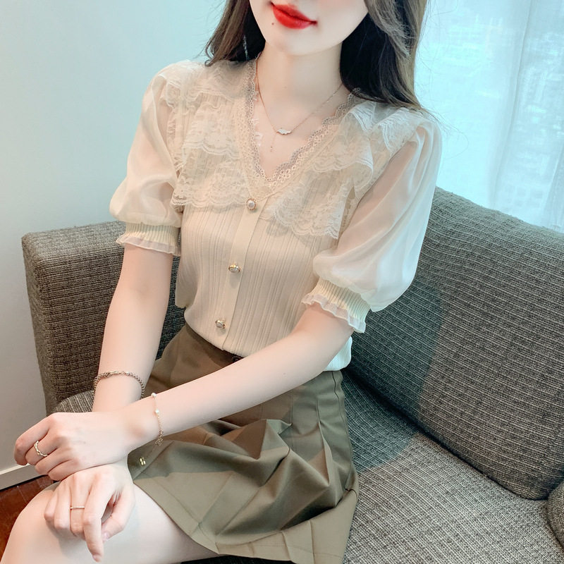 2026新款花边V领短袖针织衫女夏