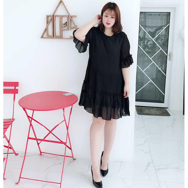 昊晨鑫淼830加大码喇叭袖连衣裙2018夏新款胖妹妹超显瘦显高上衣