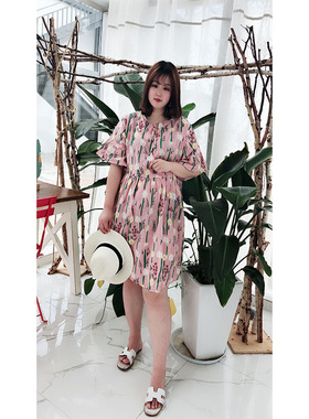 昊晨鑫淼833大码女装喇叭袖连衣裙2018夏季新款胖妹花色棉麻上衣