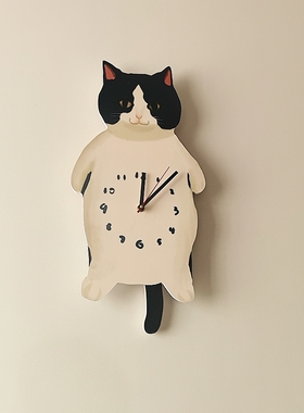 可爱奶牛猫咪静音挂钟宠物店儿童房个性简约时钟卡通壁挂墙钟表猫