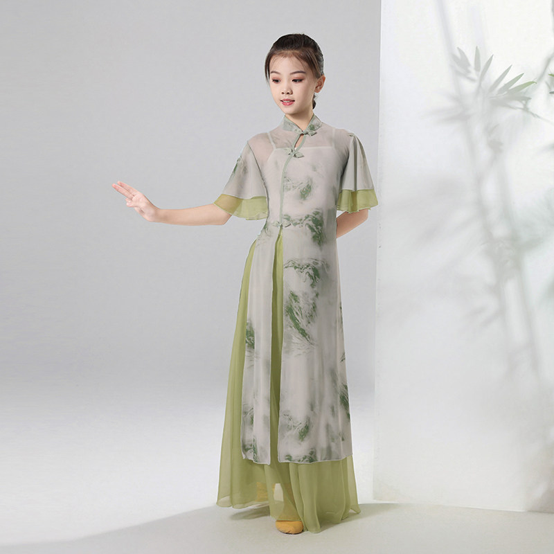 中式风女童古典舞印花旗袍演出服中国舞练功古风扇子舞表演服