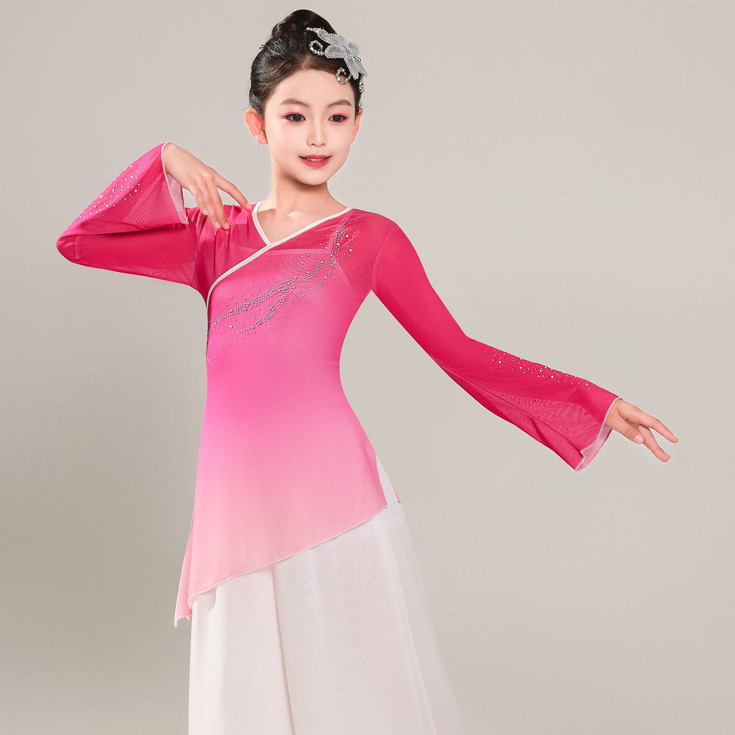 新款女童古典舞长袖练功服身韵纱衣烫钻渐变中国风舞蹈团体表演服