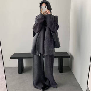 BATTLEMIND韩系慵懒风连帽毛衣女灰色宽松阔腿裤 针织穿搭 套装