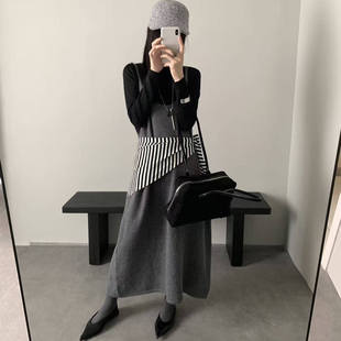 BATTLEMIND秋冬ins风收腰显瘦修身 针织高级感灰色裙 连衣裙女长款