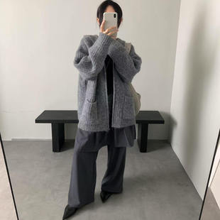 BATTLEMIND韩系慵懒风灰色粗针织开衫 毛衣外套格雷系 女宽松大版