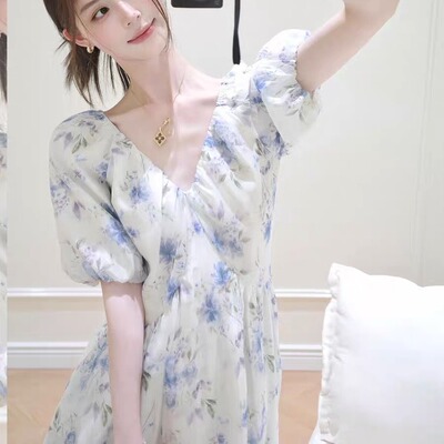 法式晕染天丝麻V领收腰连衣裙
