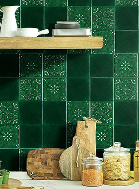 简约墨绿色复古风小方砖冰裂窑变立体花纹吧台餐厅厨房卫生间墙砖