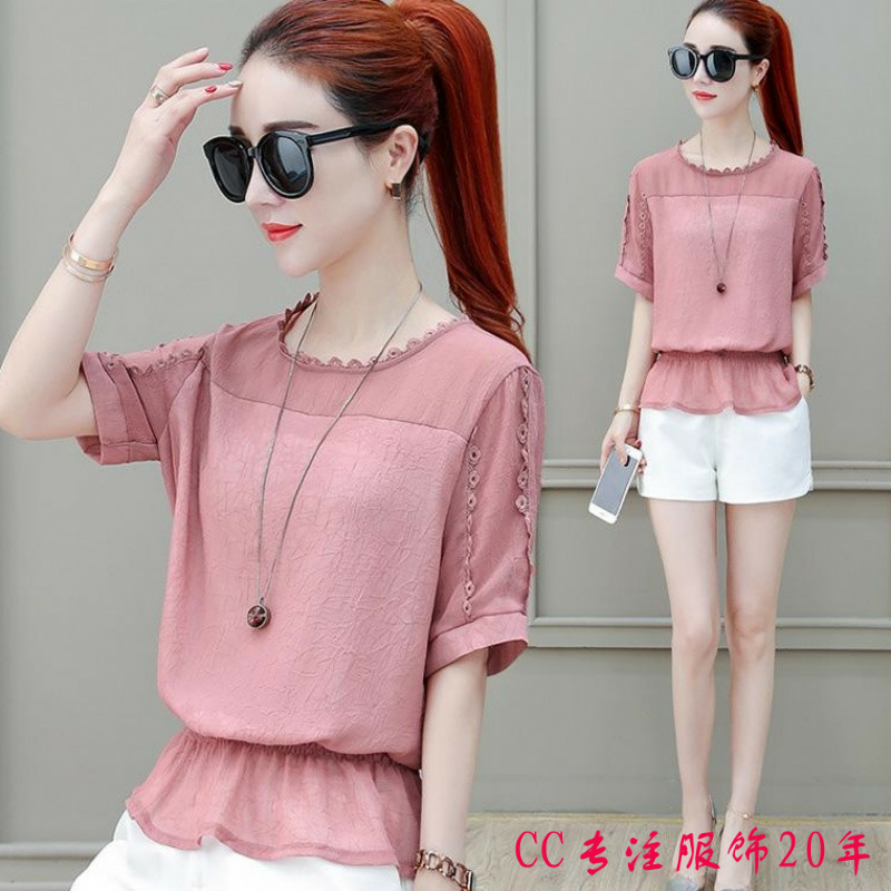 。新款2019夏季韩版女装短袖雪纺衫修身荷叶边上衣服收腰遮肚子小|ruв категории Женская одежда, кружева свитер/шифон рубашка - от Buy2taobao.com для оказания профессиональной услуги покупки агента Taobao