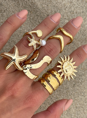 欧美跨境复古设计感太阳花海星手饰品 个性不规则合金开口戒指女