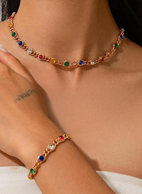 欧美跨境小众彩色水钻拼接项链女