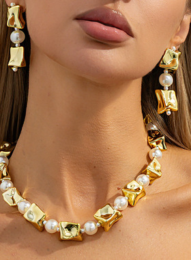 欧美跨境气质褶皱几何串珠仿珍珠