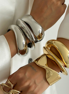 欧美跨境时尚潮流金属光面水滴几何手镯 设计感弹簧开口手环女