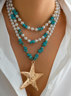欧美跨境夸张碎石海星多层项链女