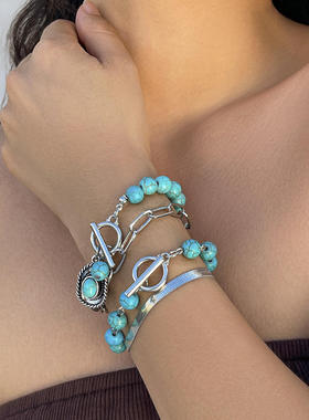 欧美跨境个性多元素蛇骨链条手饰 民族风复古松石牛仔帽手链套装