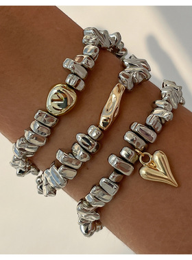 欧美跨境个性夸张不规则异形串珠手饰品 小众设计感桃心叠戴手链