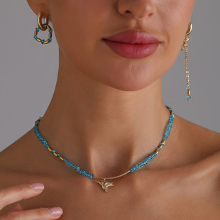 欧美饰品时尚水晶小鸟项链女精致感十足创意蓝色拼接项饰套装