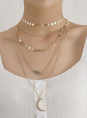 欧美跨境饰品 时尚镶钻月牙吊坠项链女 复古多层圆形几何亮片项饰