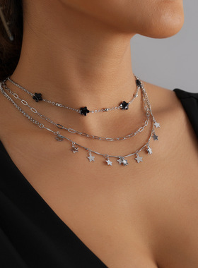 欧美跨境饰品复古暗黑风五角星亮片项链 ins个性轻奢三层叠戴项饰