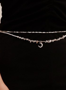 波西米亚白色米珠手工编织月牙腰链女 双层碎石串珠夏季辣妹腰饰