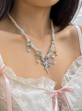 欧美跨境饰品 彩色碎石串珠甜美项链女 锁骨链田园风天使吊坠项饰