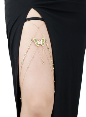 欧美纯欲风性感弹力带腿链饰品 绿色彩绘蝴蝶流苏leg chain首饰女