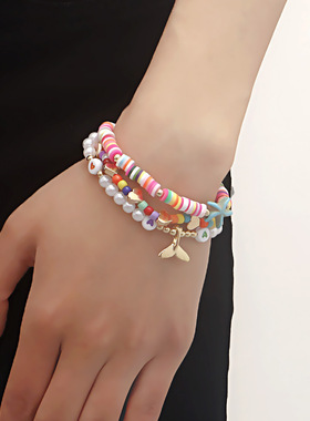 欧美跨境饰品 波西米亚彩色软陶海星手链女 沙滩美人鱼尾手饰套装