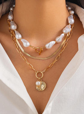 欧美跨境复古金属圆片吊坠蛇骨链