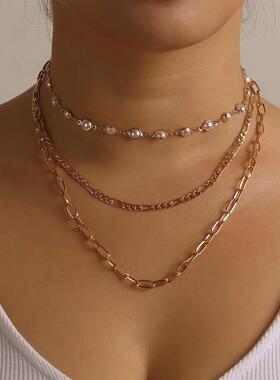 欧美跨境饰品 新款珍珠多层时尚气质女吊坠项链 时尚潮流金属项饰