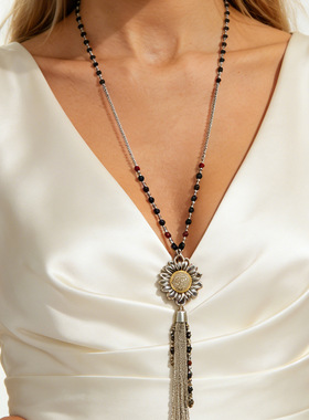 欧美跨境中古风向日葵吊坠长款毛衣项链 复古水晶ins太阳花项饰品