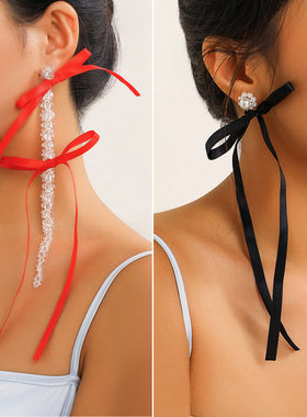 欧美夸张布艺流苏耳环个性蝴蝶结丝带仿珍珠水晶花朵耳钉女饰品