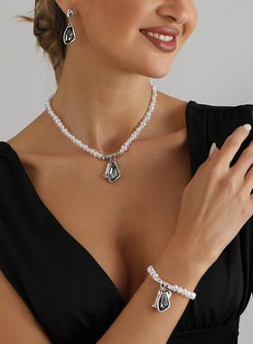 欧美跨境饰品暗黑灰水晶项链耳饰