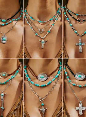 欧美跨境复古仿松石叠戴项饰品西