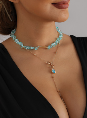 欧美跨境饰品小众设计蓝水晶碎石