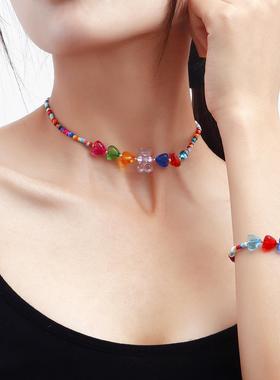 欧美饰品 波西米亚混色米珠七彩爱心小熊项链手链套装卡通女