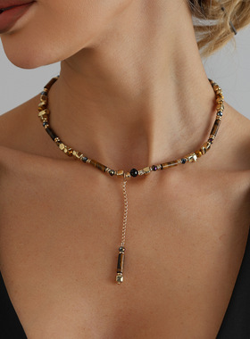 欧美跨境饰品虎眼石串珠项链复古