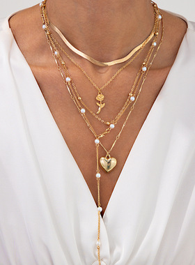 欧美跨境ins仿珍珠玫瑰叠戴