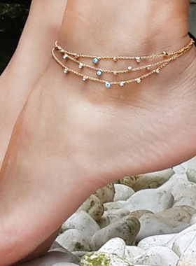 欧美跨境沙滩脚饰 全手工流苏脚链 双面蓝色眼配件 配饰嘻哈小众